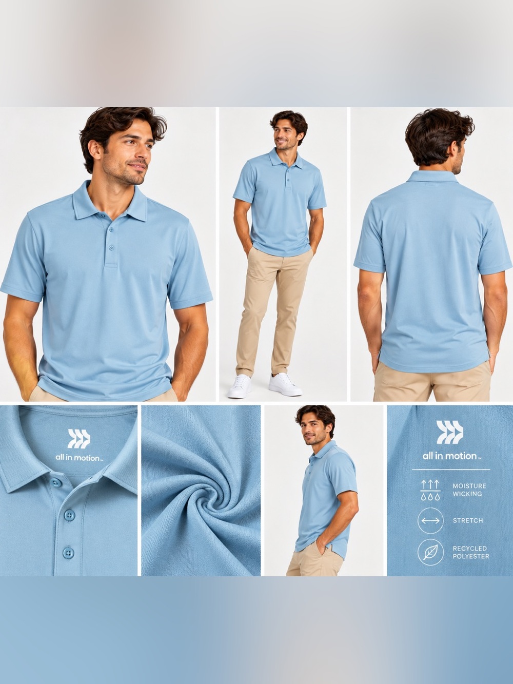 All in Motion Men’s Jersey Performance Polo Shirt Light Blue Size M NWT